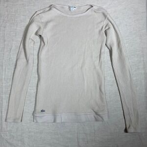 Lacoste Pointelle Knit Top Women 36 Cream XS Long Sleeve Open Knit Logo